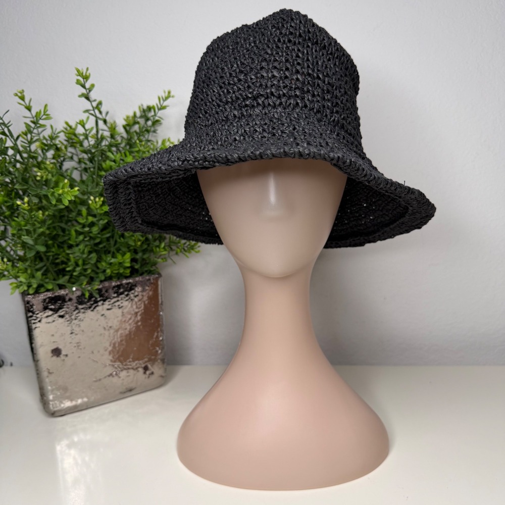 Zara Home Bucket Hat Womens Black Woven Paper Straw Summer Boho OS